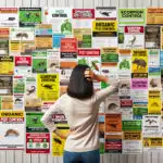 Woman looking at a wall of diverse pest control advertisements, ranging from organic to scorpion control services