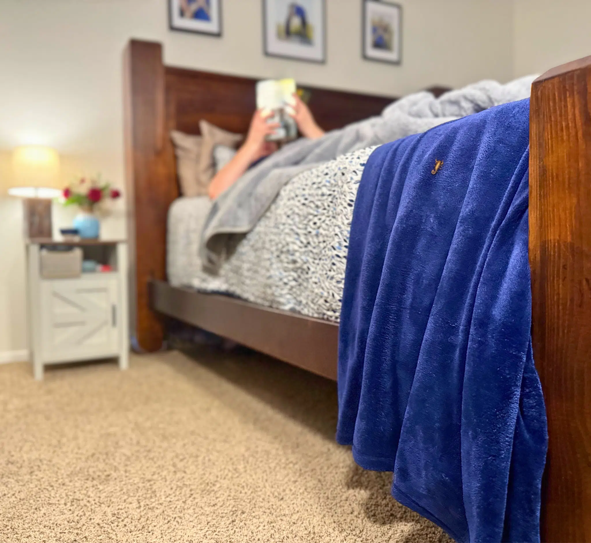 Person reading in bed, while a small scorpion appears on the edge, representing Scorpions In The Bedroom