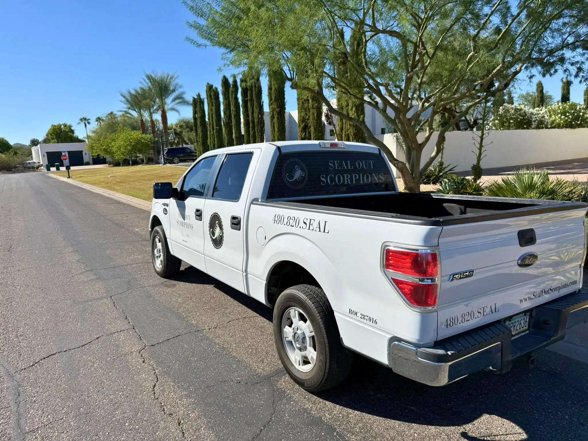 Seal Out Scorpions service Truck In PV neighborhood, ready for winter pest prevention visits