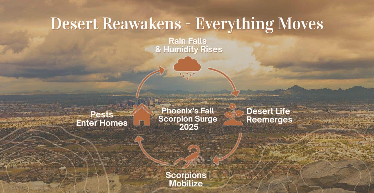 Infographic showing the desert life cycle during Phoenix’s Fall Scorpion Scurge (2025) as rain and humidity cause scorpions and pests to reemerge
