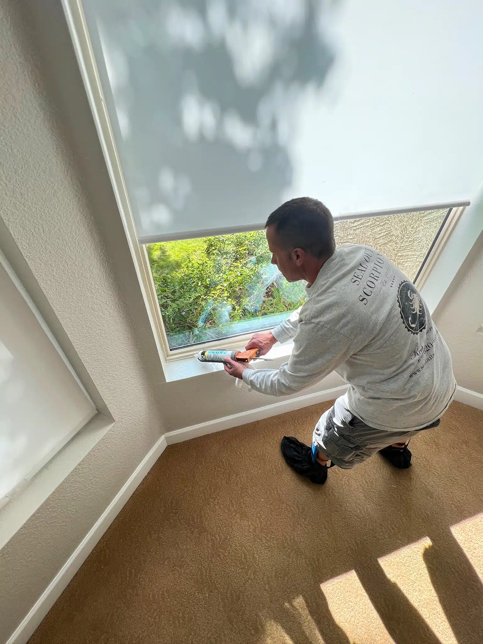 Technician applying sealant around a window to prevent pest entry, highlighting the difference between window and door sealing