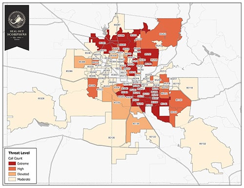 Scorpion heatmap shows scorpion populations by Zip codes in Phoenix Valley AZ