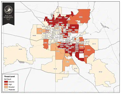 Scorpion heatmap shows scorpion populations by Zip codes in Phoenix Valley AZ