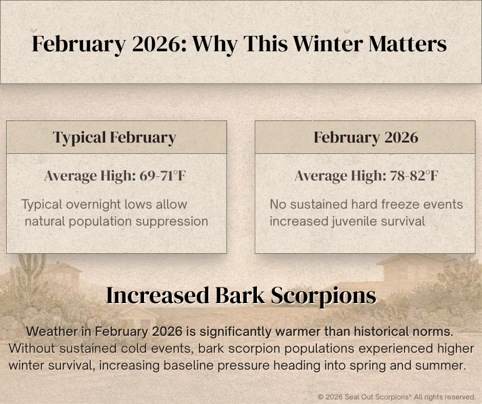 Infographic explaining why February 2026's warmer weather increases bark scorpion populations and how this presents an opportunity for proactive pest control measures.