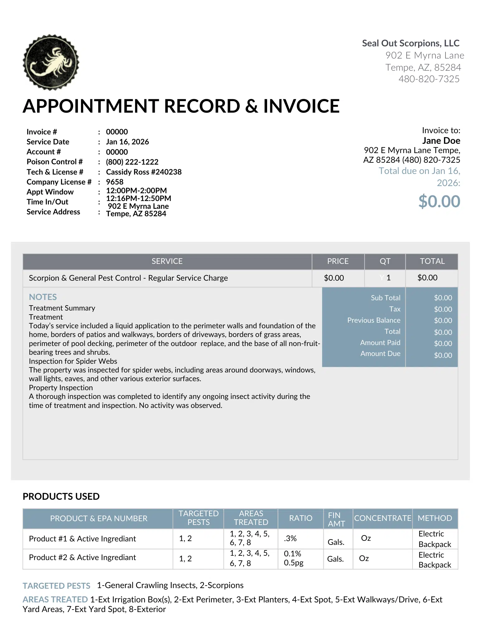 Scorpion and Pest Control Service Invoice and Appointment Record