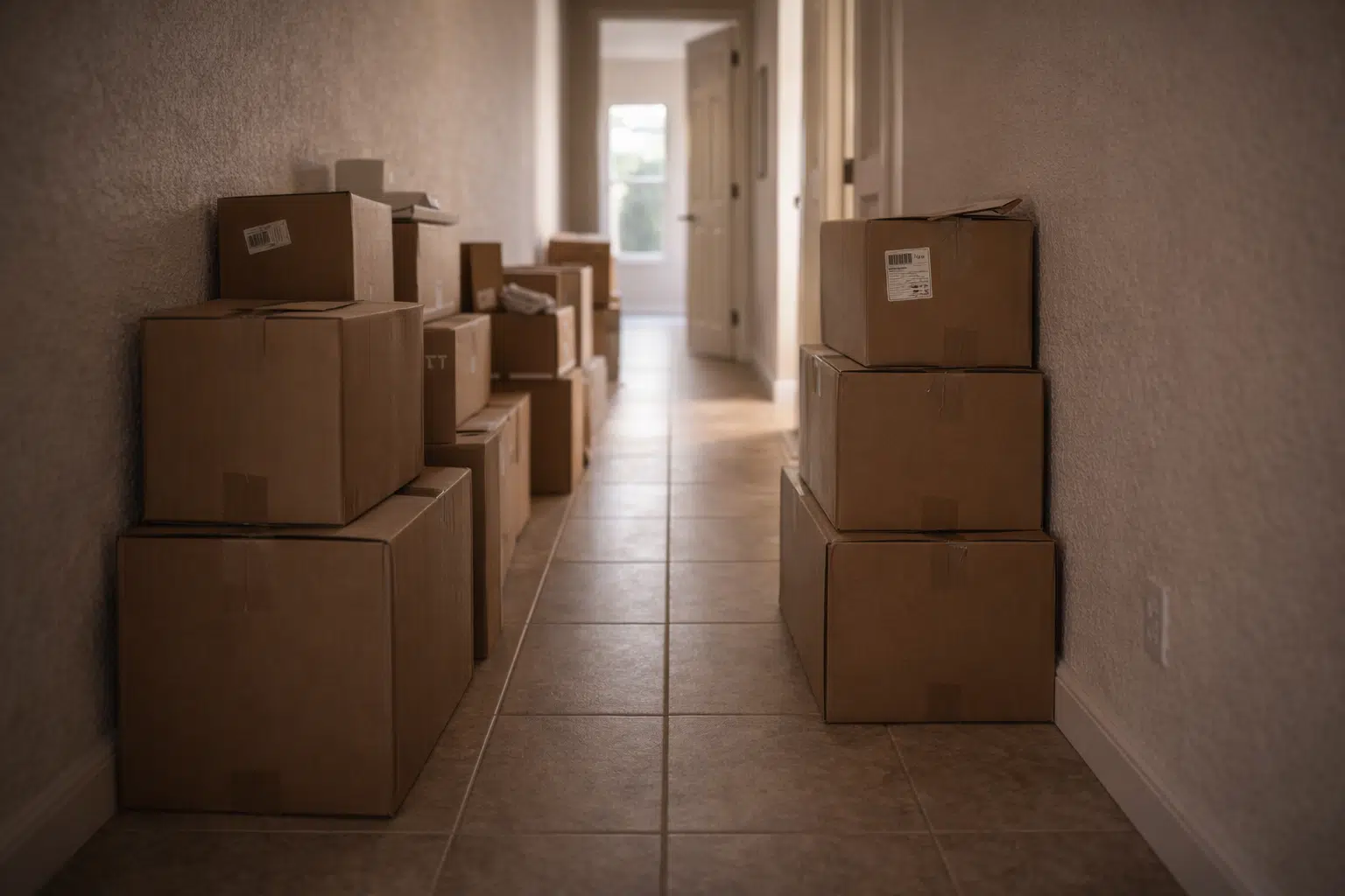 Moving boxes stacked in hallway of new Arizona home increasing scorpion awareness.