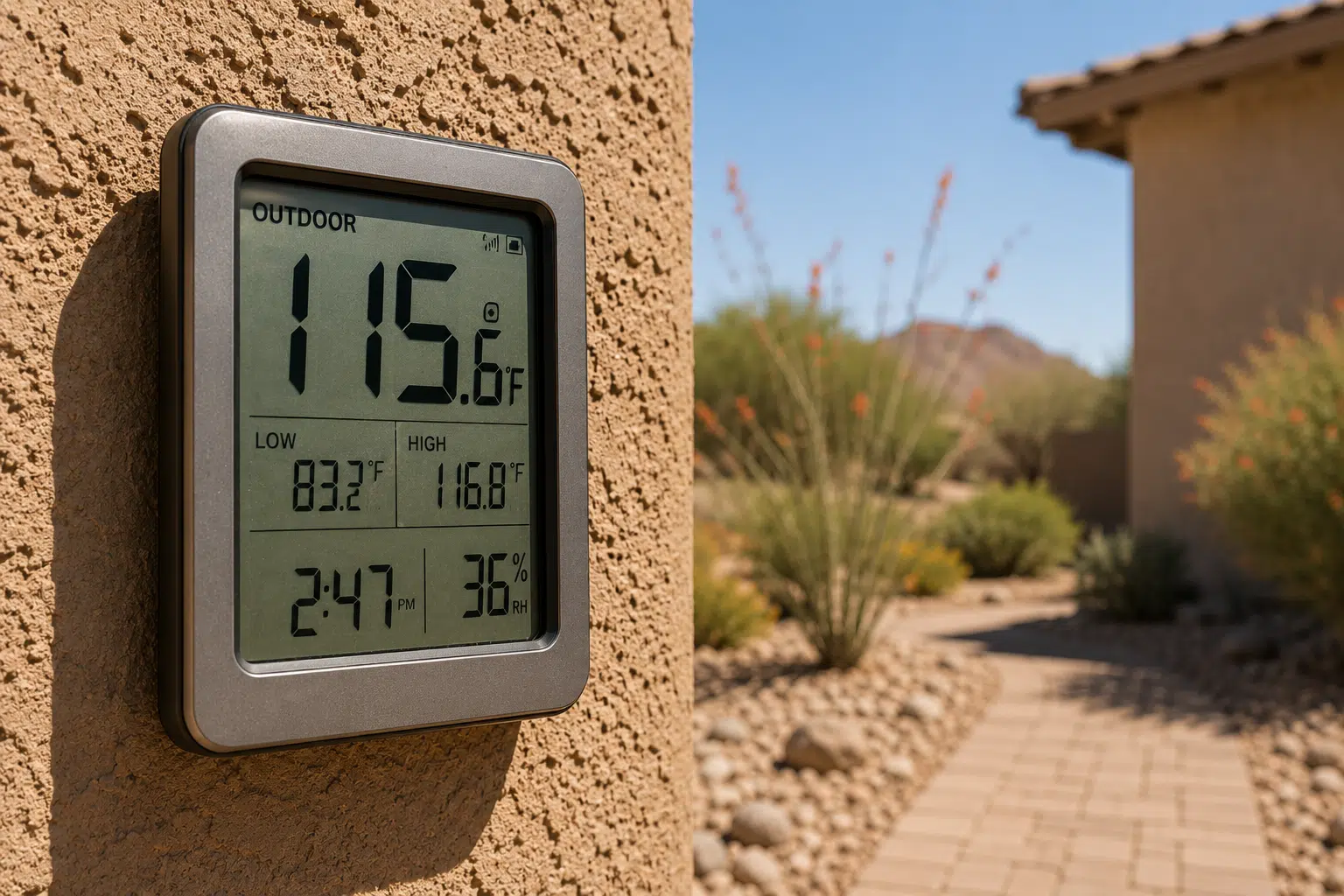 Digital thermometer shows extreme Arizona heat impacting scorpion behavior outdoors