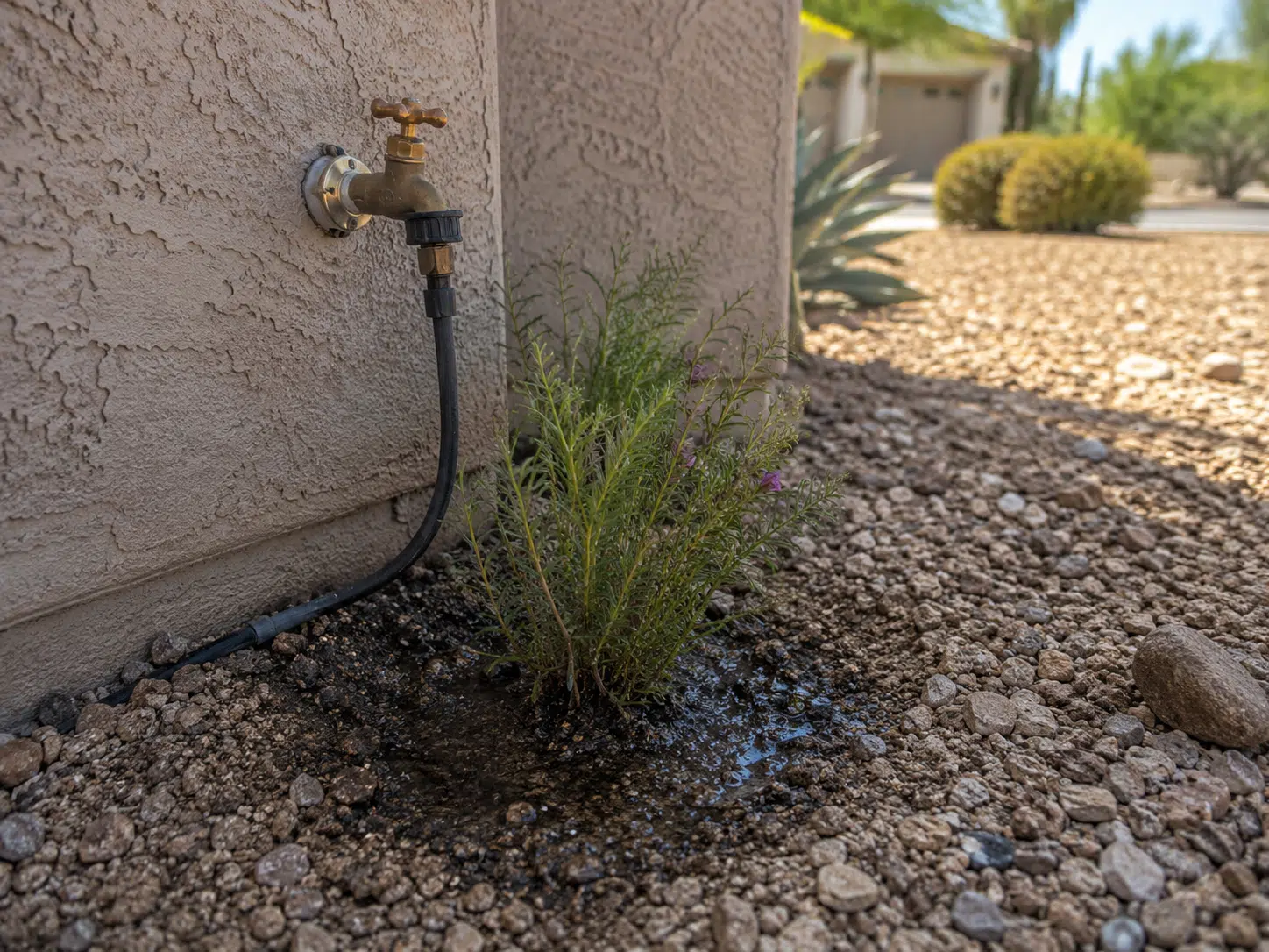 Outdoor faucet with drip irrigation supporting moisture for scorpion control in Arizona landscape