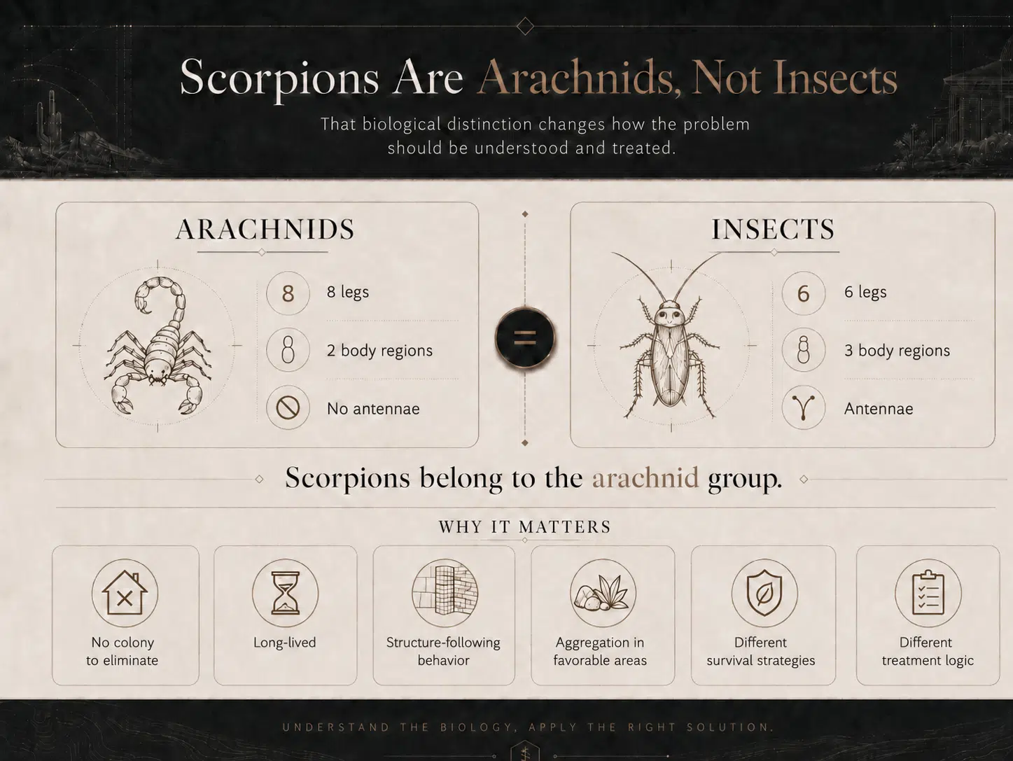 Comparison of scorpions as arachnids versus insects showing differences in behavior, survival, and treatment strategies