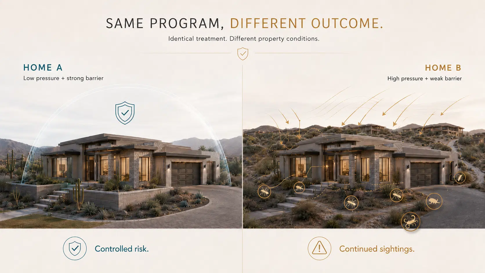 Comparison of scorpion barrier integrity showing controlled vs. high pest pressure on two Arizona homes