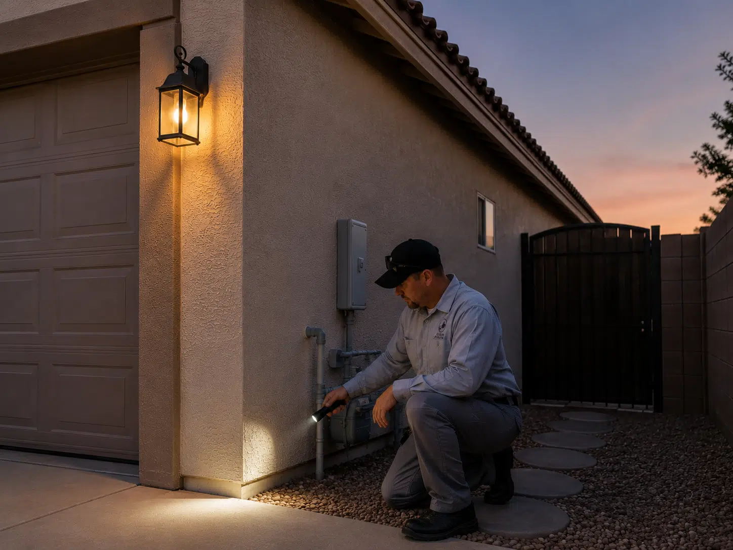 Technician inspecting home exterior for scorpion risk and building performance